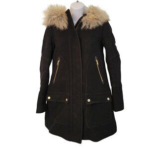 J Crew 00 Hooded Black Wool Trench Coat Stadium Cloth Nello Gori Faux‎ Fur